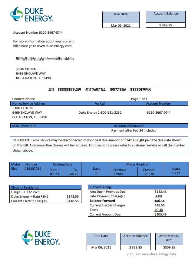 USA North Carolina Duke Energy utility bill template in Word and PDF format